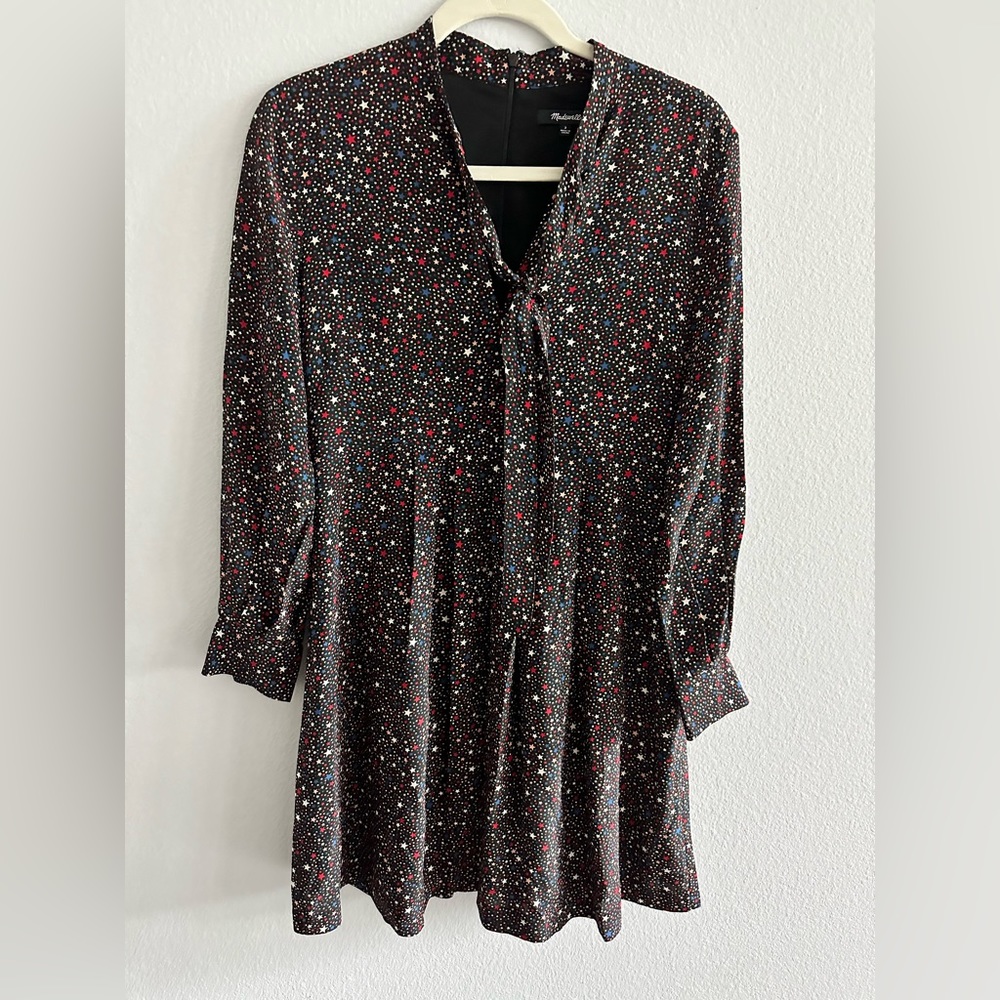 Madewell Balsam Tie-Neck Dress in Starry Night, size 2, fits like small/medium